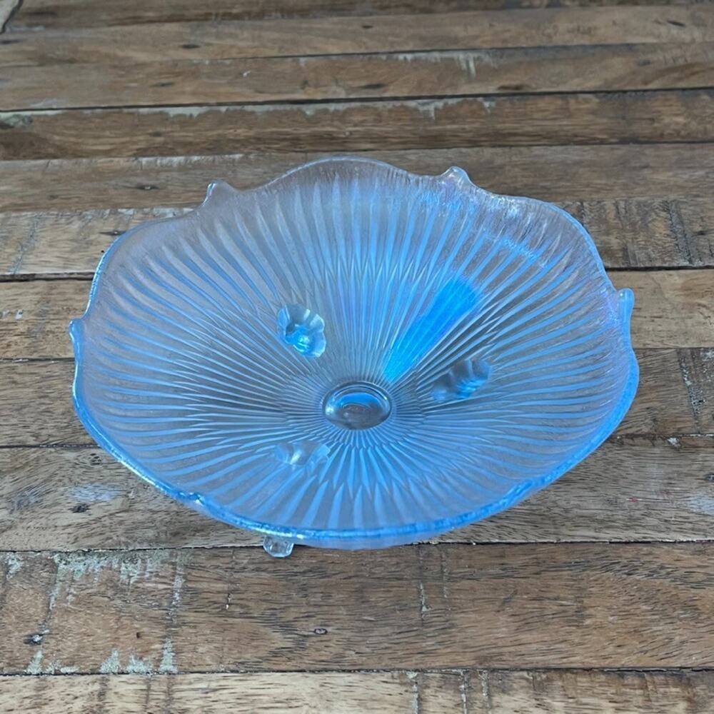 Fenton Light Blue Iridescent Stretch Glass Footed Dish Bowl 7"